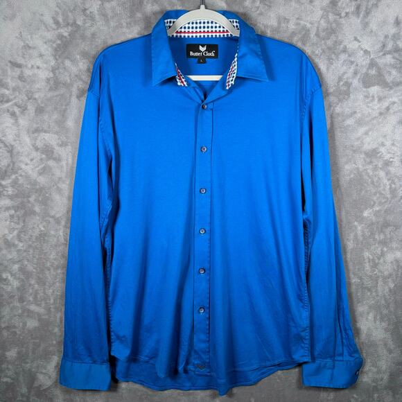 Butter Cloth Button Up Shirt Blue Check Trim Men’s L Long Sleeve Cotton - Picture 1 of 7